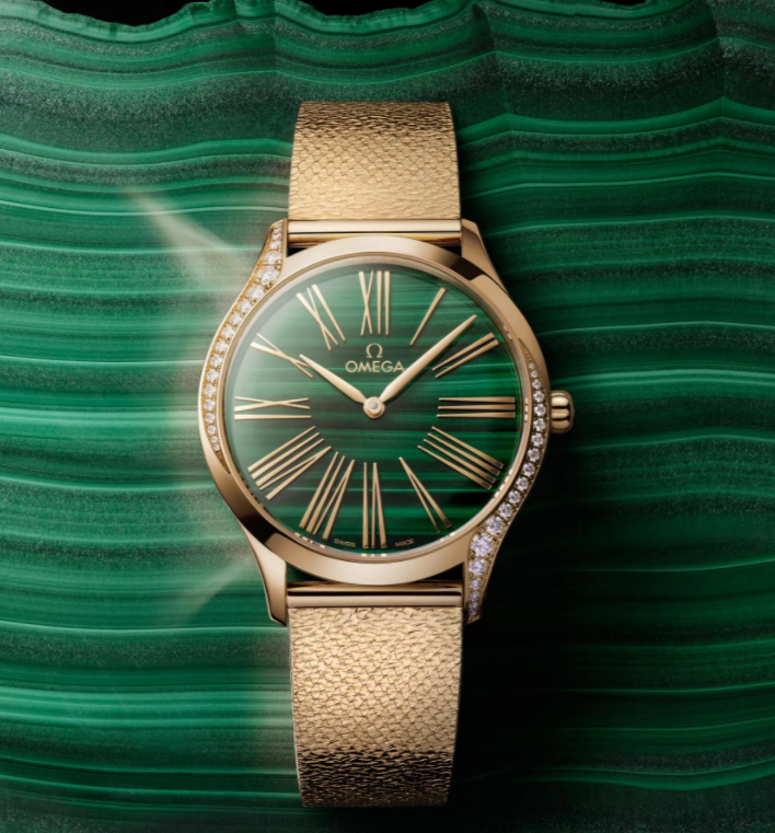 Malachite dials elevate the elegance and sophistication of UK Swiss fake Omega Trésor timepieces
